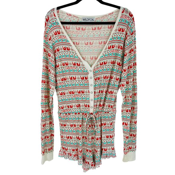 Wildfox Long Sleeve Snap-Button Front Waist-Tie Ruffled Shorts Romper Playsuit L - Picture 13 of 16